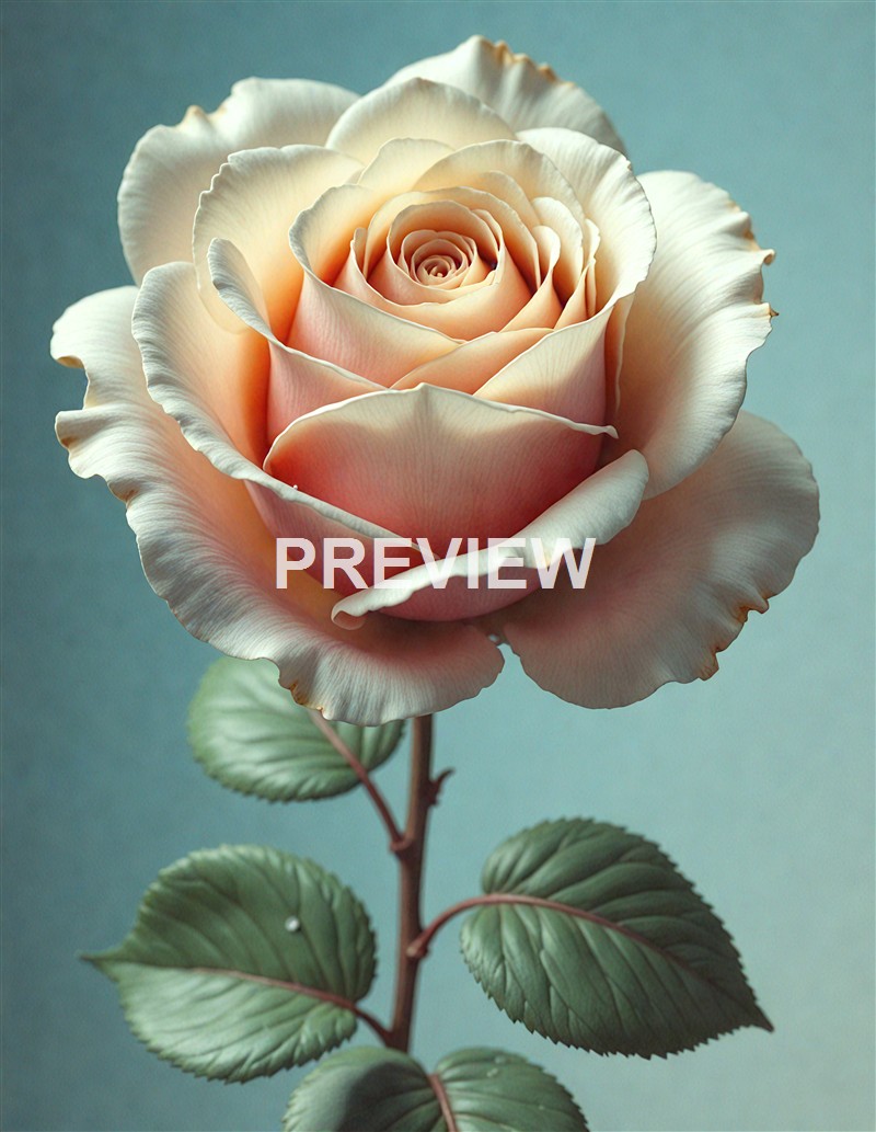 A close-up of a large, delicate, pale pink rose in full bloom with soft petals layered in a spiral, set against a muted greenish-blue background.